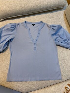 Express Puff Sleeve Henley Top in Light Blue